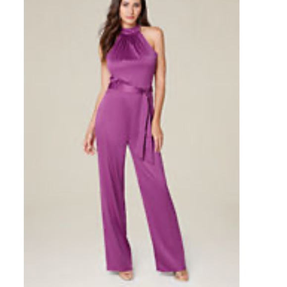 bebe Pants - Bebe pink magenta satin halter tie waist wide leg jumpsuit-NWOT